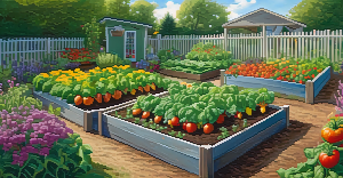 A colorful and thriving vegetable garden with heirloom tomatoes and flowers under bright sunlight, featuring a rainwater collection barrel.