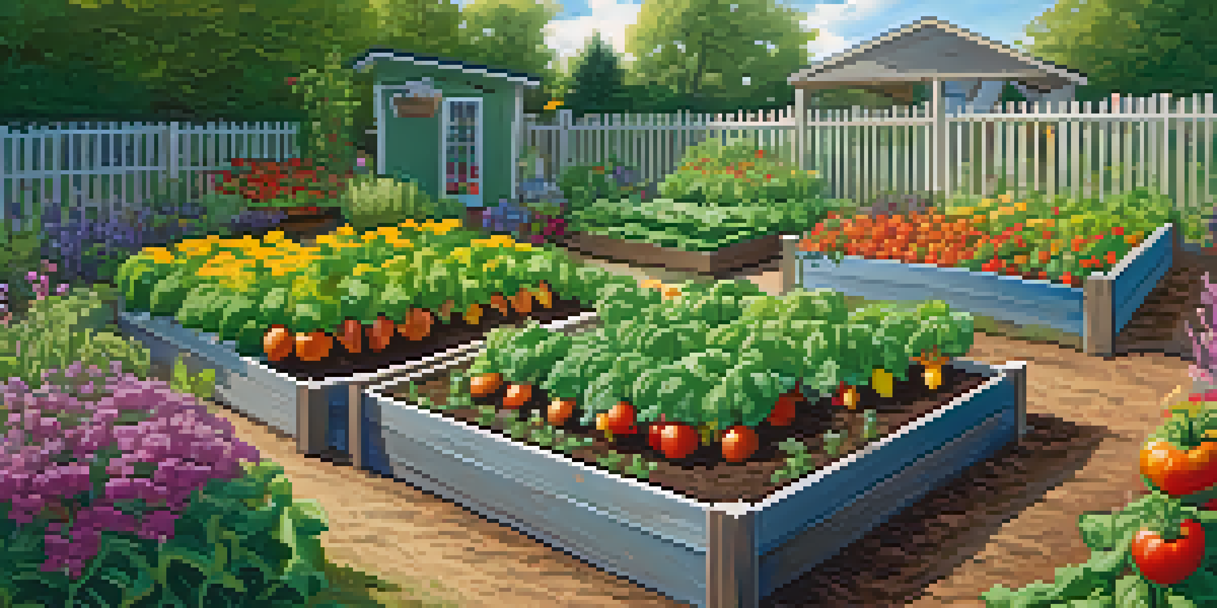 A colorful and thriving vegetable garden with heirloom tomatoes and flowers under bright sunlight, featuring a rainwater collection barrel.