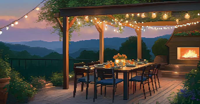 A warm and inviting outdoor living space with string lights, lanterns, and a wooden table set for dinner, amidst lush greenery and a twilight sky.