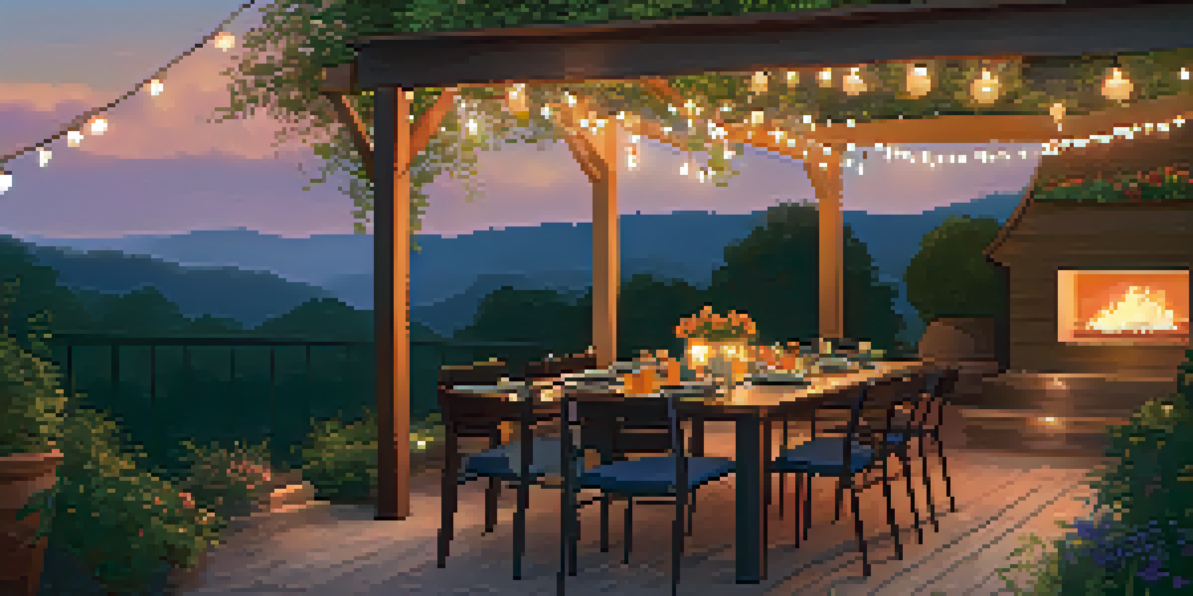 A warm and inviting outdoor living space with string lights, lanterns, and a wooden table set for dinner, amidst lush greenery and a twilight sky.