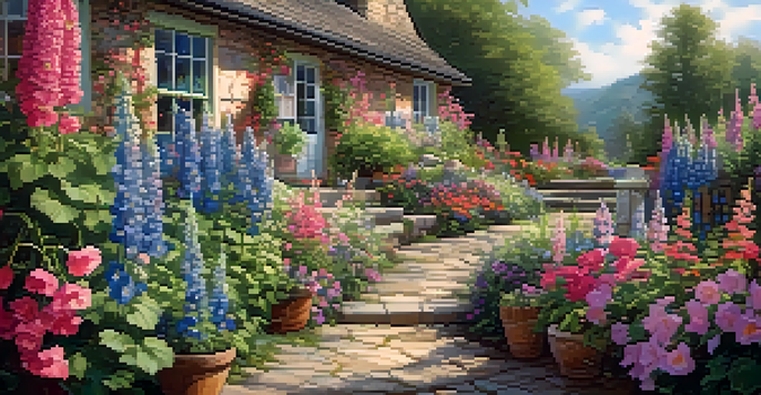 A colorful cottage garden overflowing with various flowers and a stone path, illuminated by warm sunlight.