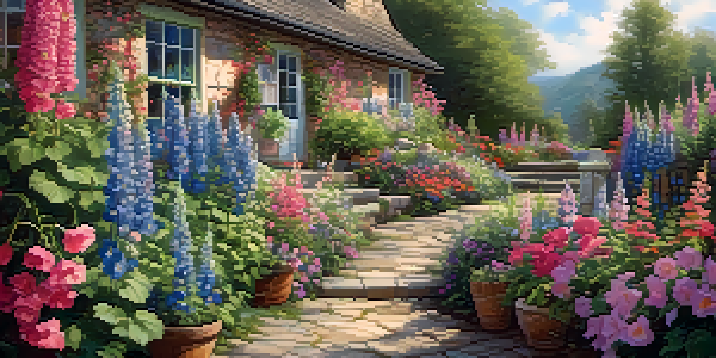 A colorful cottage garden overflowing with various flowers and a stone path, illuminated by warm sunlight.