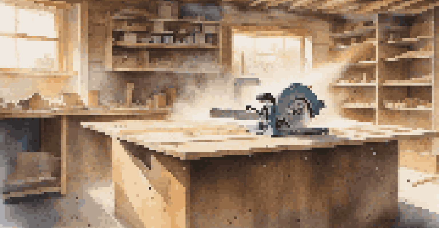 A circular saw cutting through plywood in a workshop, with dust particles visible in the air.