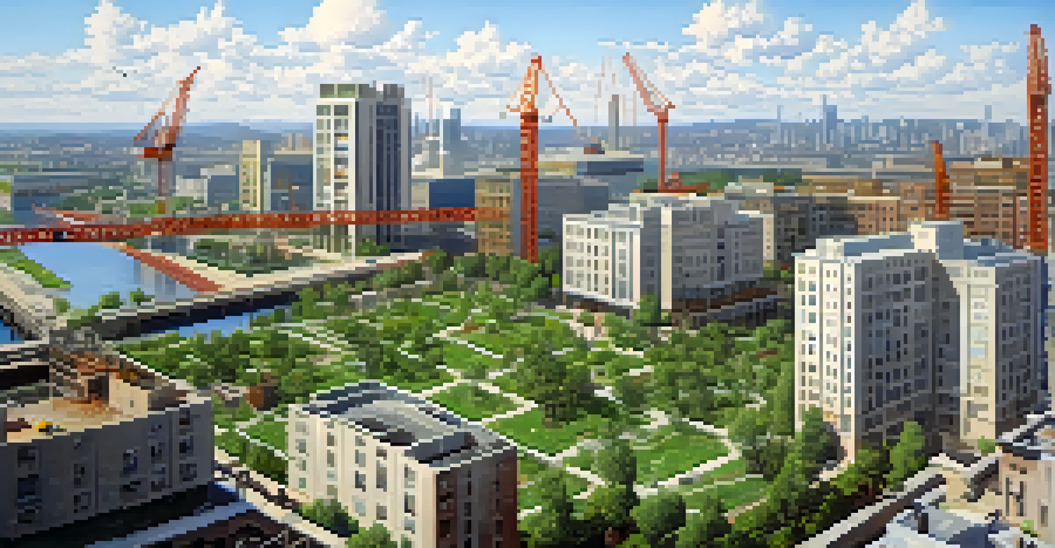 An aerial view of a city with construction sites, showcasing a mix of new buildings and residential areas under a clear blue sky.