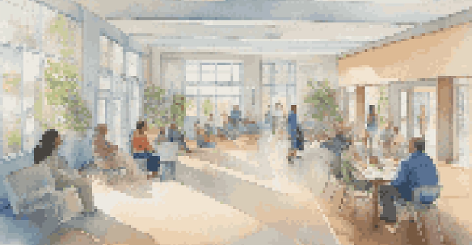 An open house space that is designed for accessibility, showing wide doorways, ramps, and diverse visitors engaging comfortably.