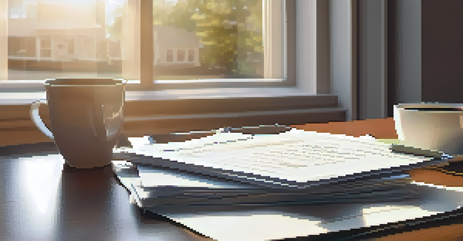 A neatly arranged stack of real estate documents, a calculator, and a cup of coffee on a table with soft sunlight streaming in.