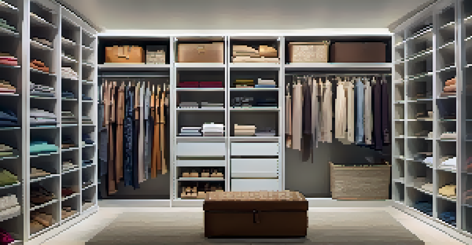 An organized closet with seasonal clothing, neatly folded and hung, and labeled storage bins illuminated by soft lighting.