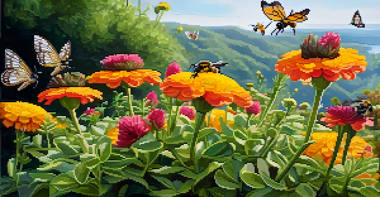 A close-up view of colorful flowers on a green roof, with bees and butterflies pollinating in soft morning light.