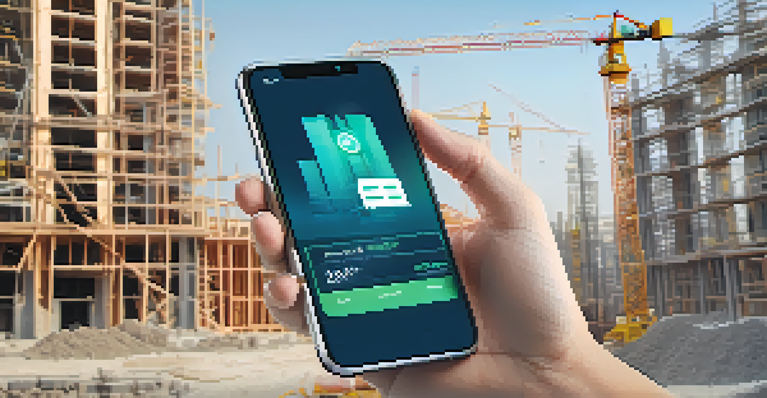 A hand holding a smartphone with a real estate crowdfunding app, set against a luxurious property under construction.