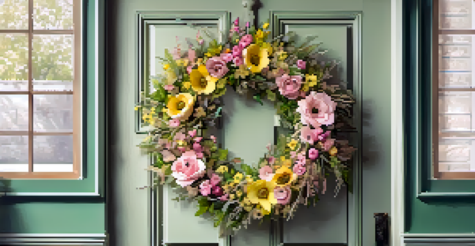 A colorful spring wreath with pastel flowers and ribbons hanging on a wooden door, illuminated by soft sunlight.