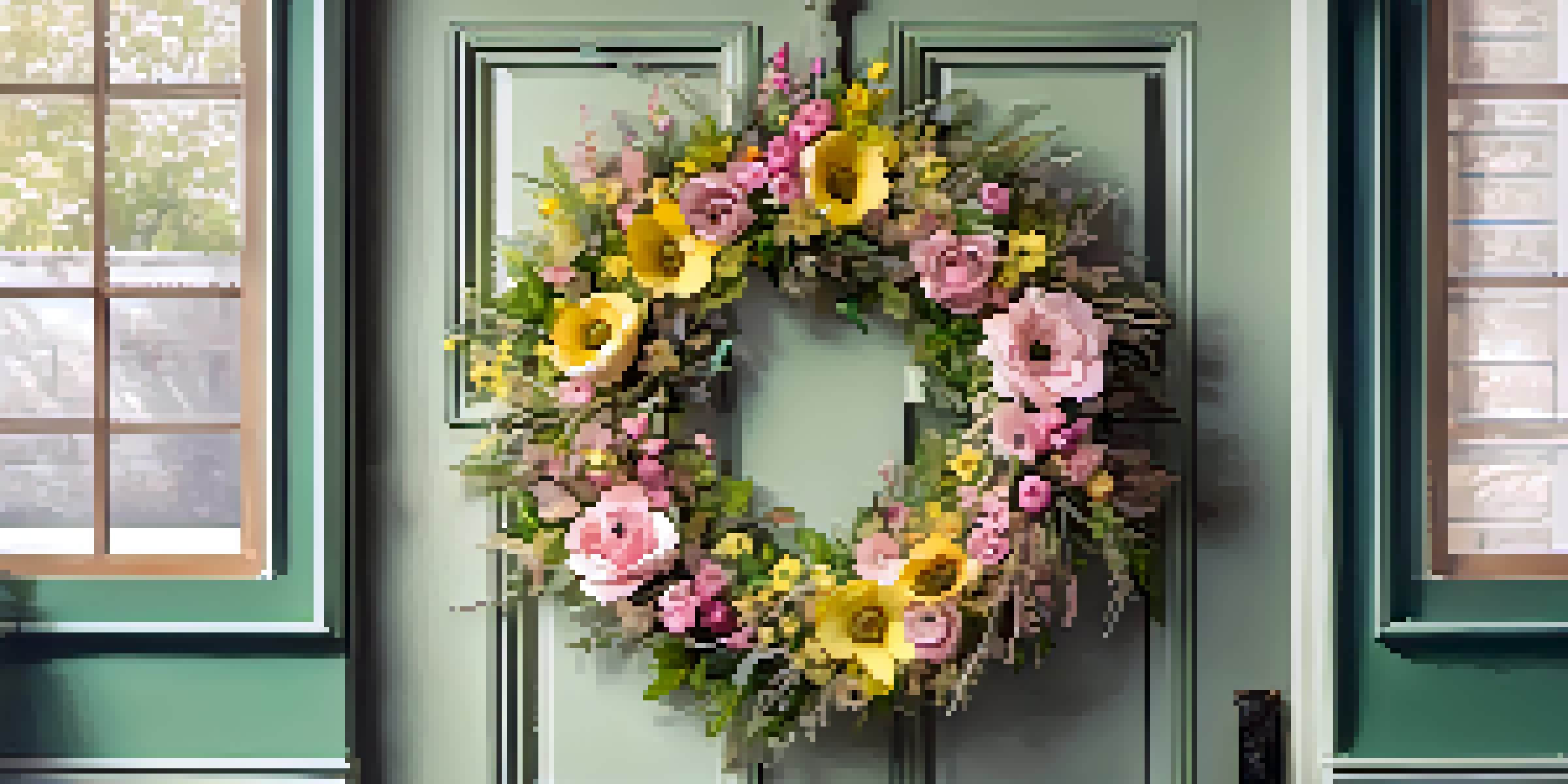A colorful spring wreath with pastel flowers and ribbons hanging on a wooden door, illuminated by soft sunlight.