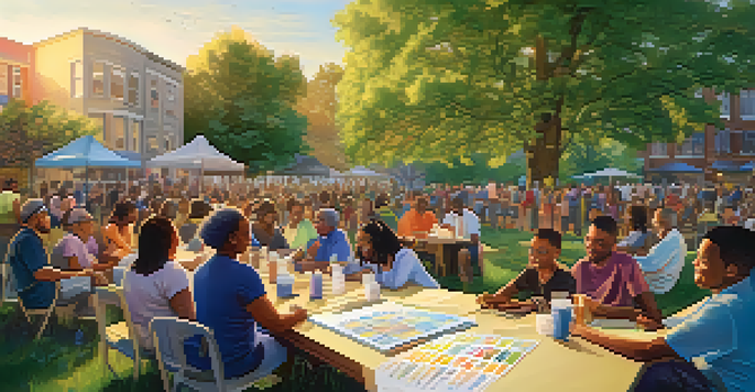 A community meeting outdoors with diverse residents discussing plans for a new neighborhood park, surrounded by greenery and colorful banners.