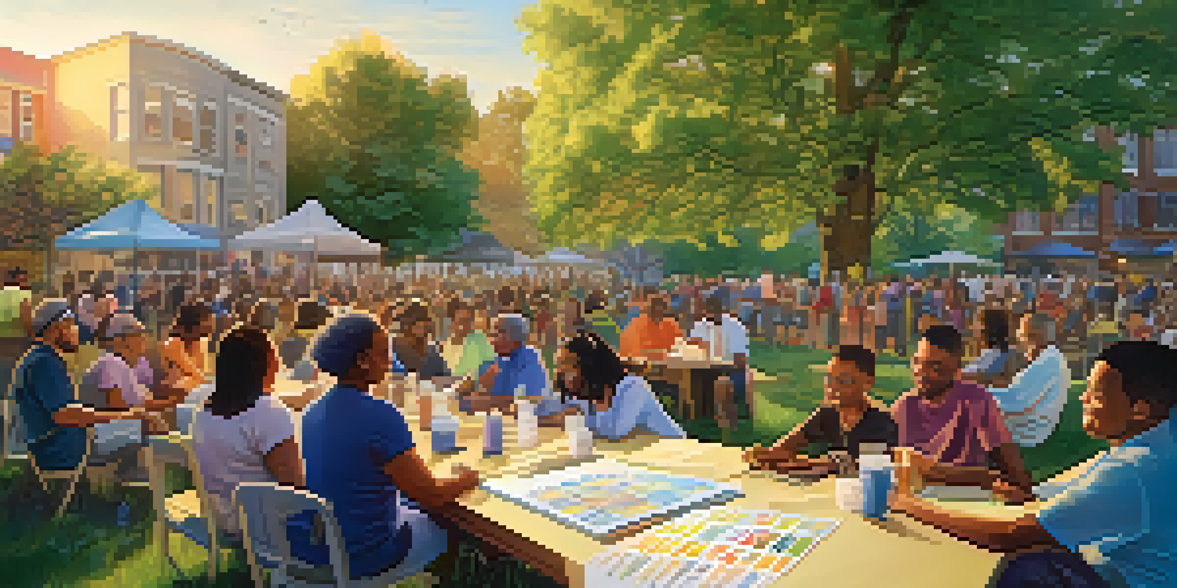 A community meeting outdoors with diverse residents discussing plans for a new neighborhood park, surrounded by greenery and colorful banners.