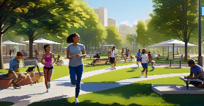 A lively urban park filled with greenery and people engaging in activities, with smart benches and public art.