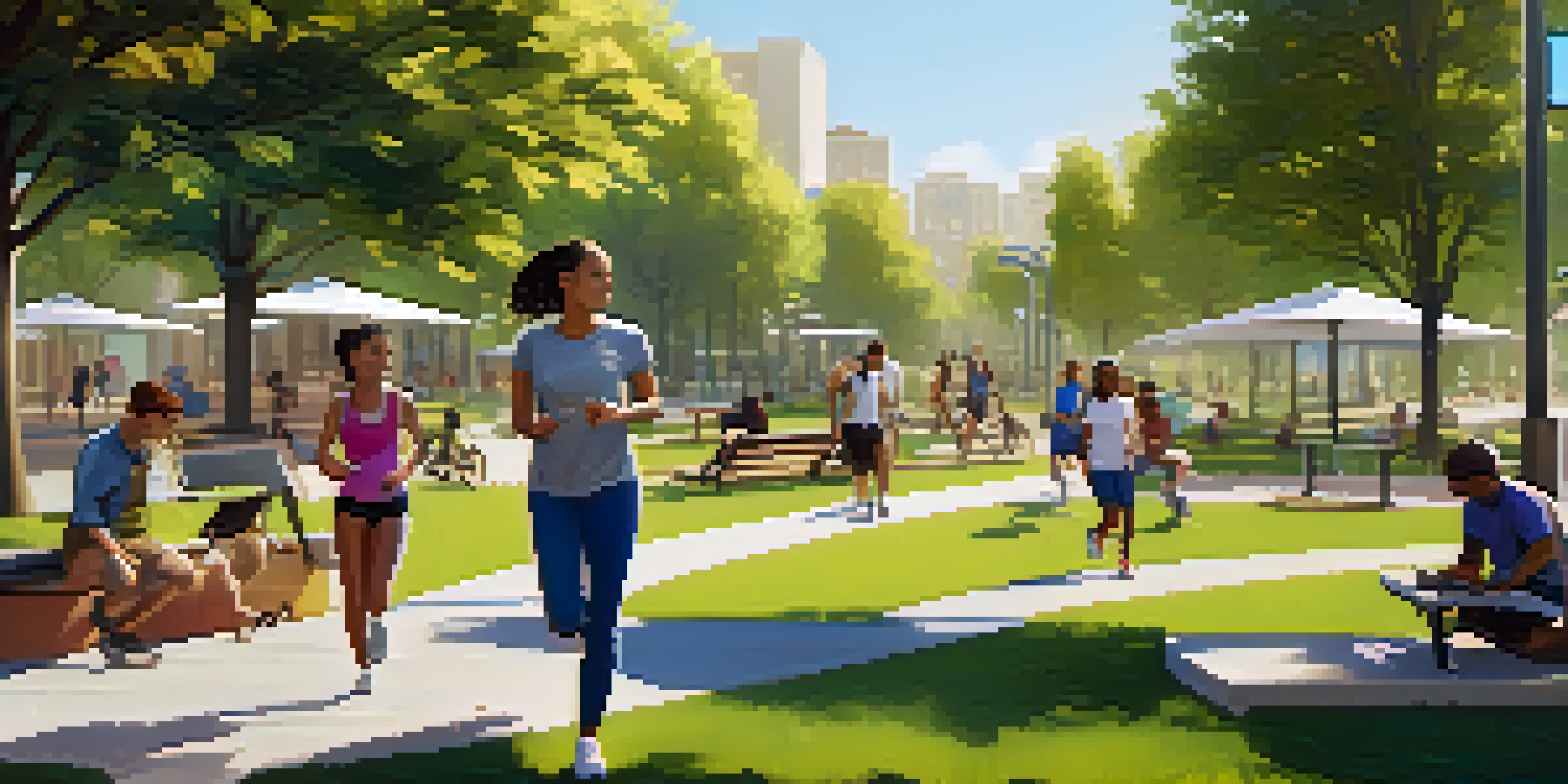 A lively urban park filled with greenery and people engaging in activities, with smart benches and public art.