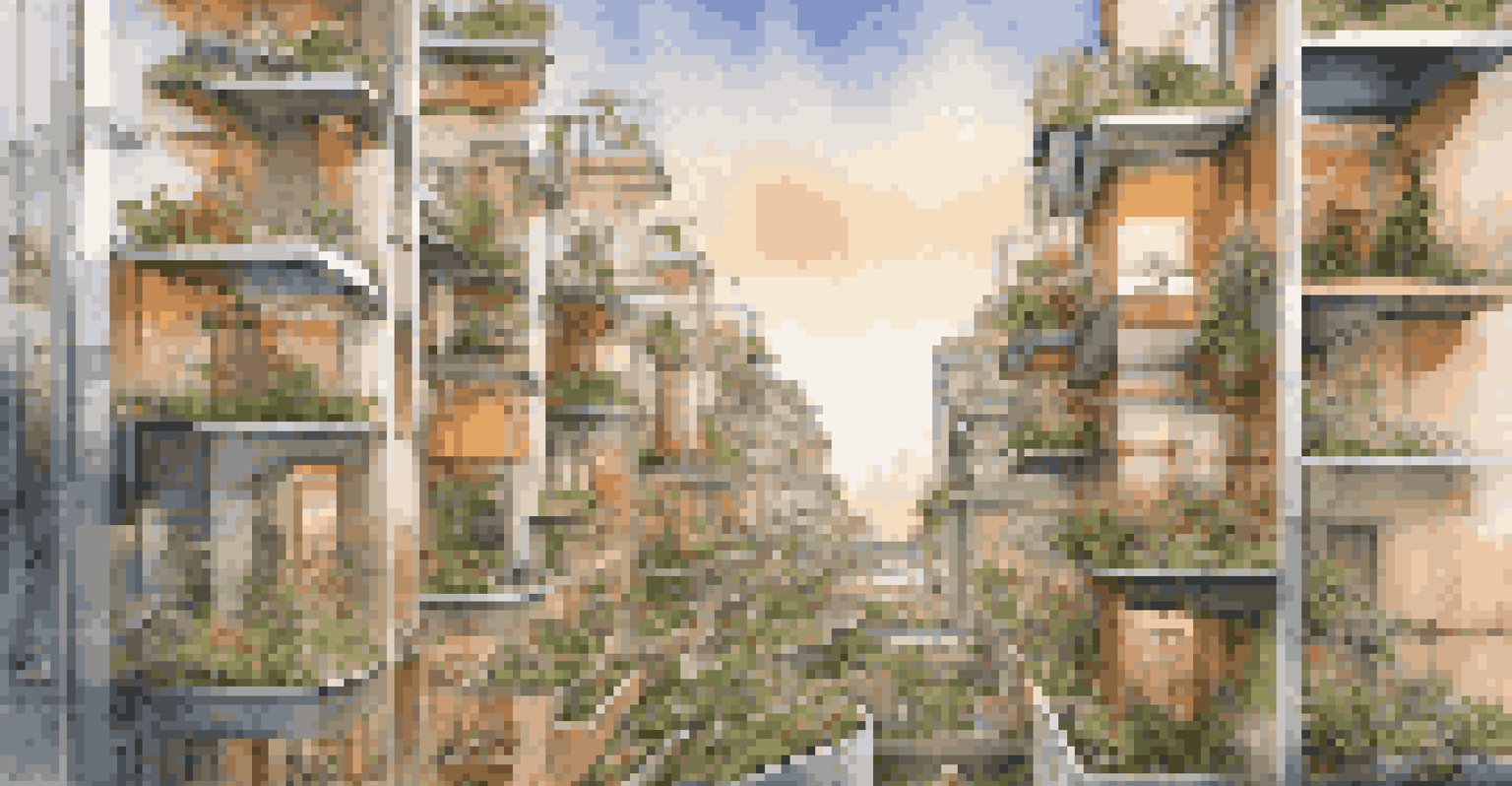 A modern city with innovative modular housing units, featuring adaptable spaces and green elements under a colorful sunset.