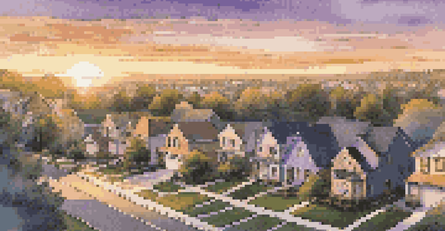 Aerial view of a suburban neighborhood at sunset, highlighting various homes and tree-lined streets.