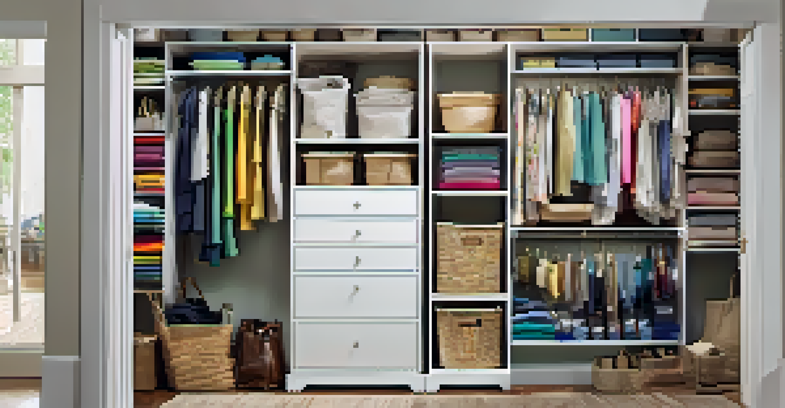 An organized closet with colorful bins, baskets, and hooks for scarves and belts, well-lit and efficiently arranged.