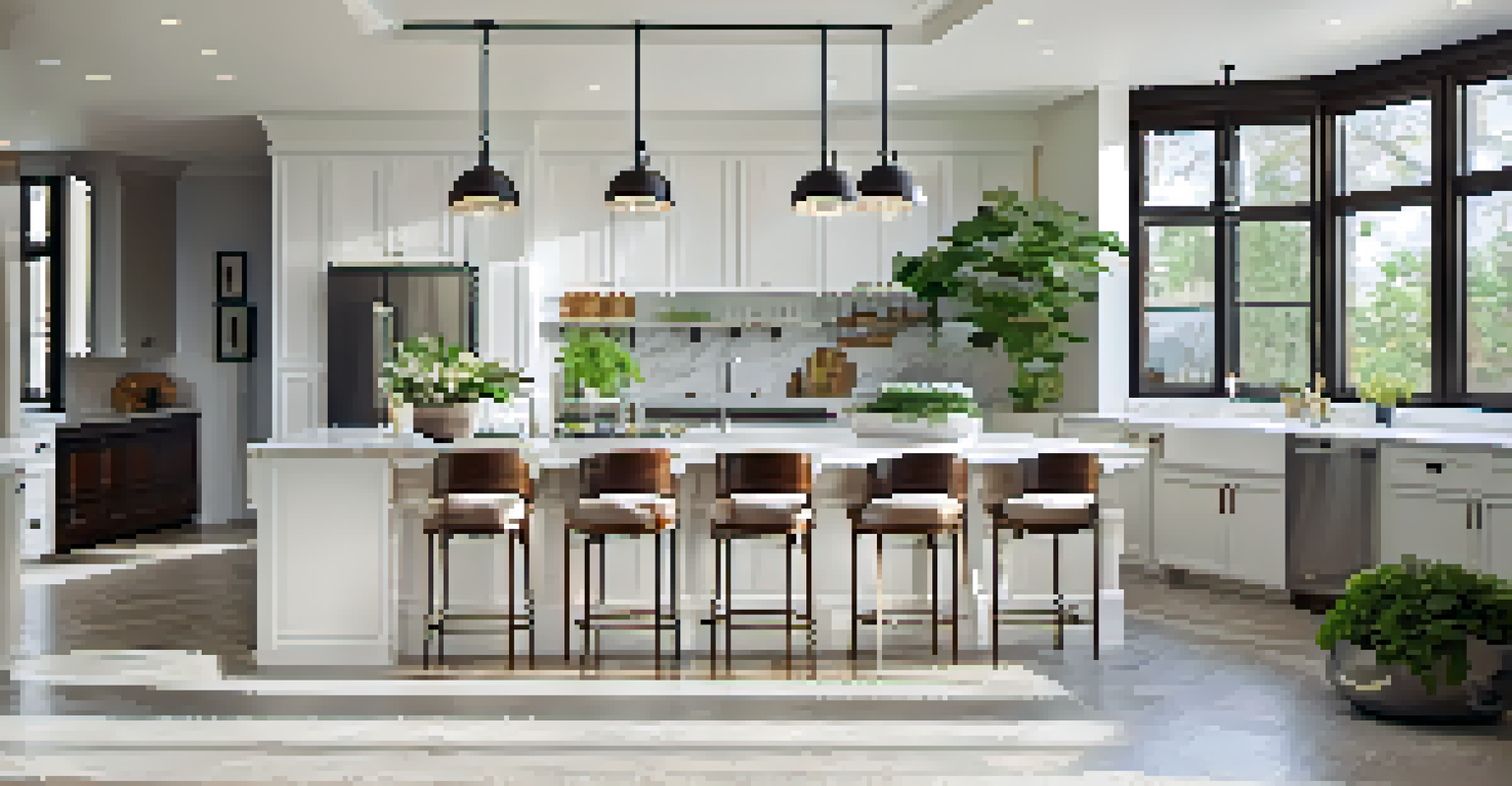 An elegant and spacious kitchen with a large island, white cabinetry, and pendant lights, creating a bright atmosphere with touches of greenery.