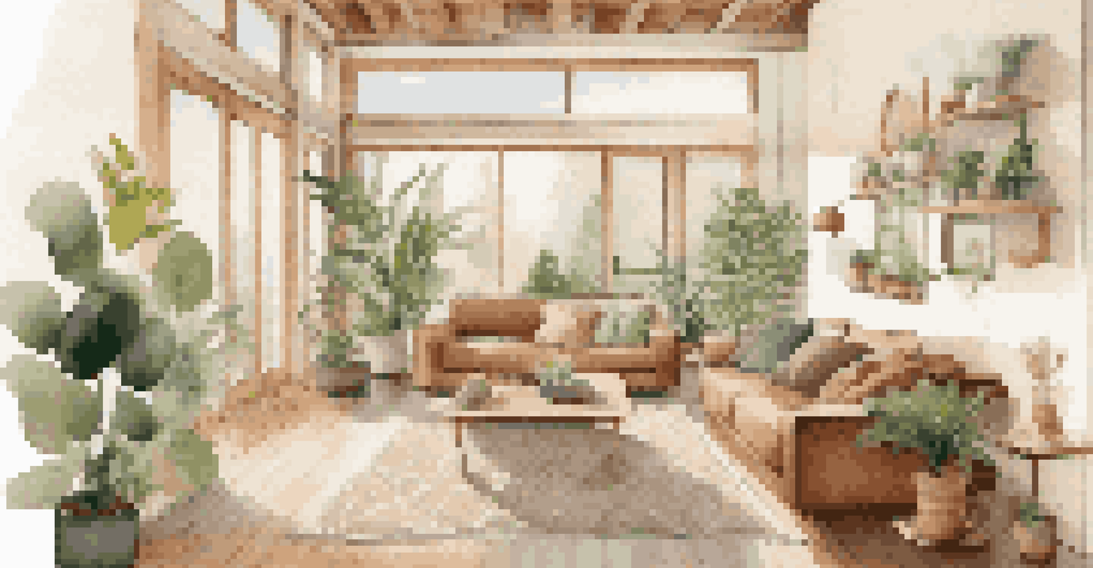 The interior of a sustainable home with natural light, plants, and eco-friendly decor.