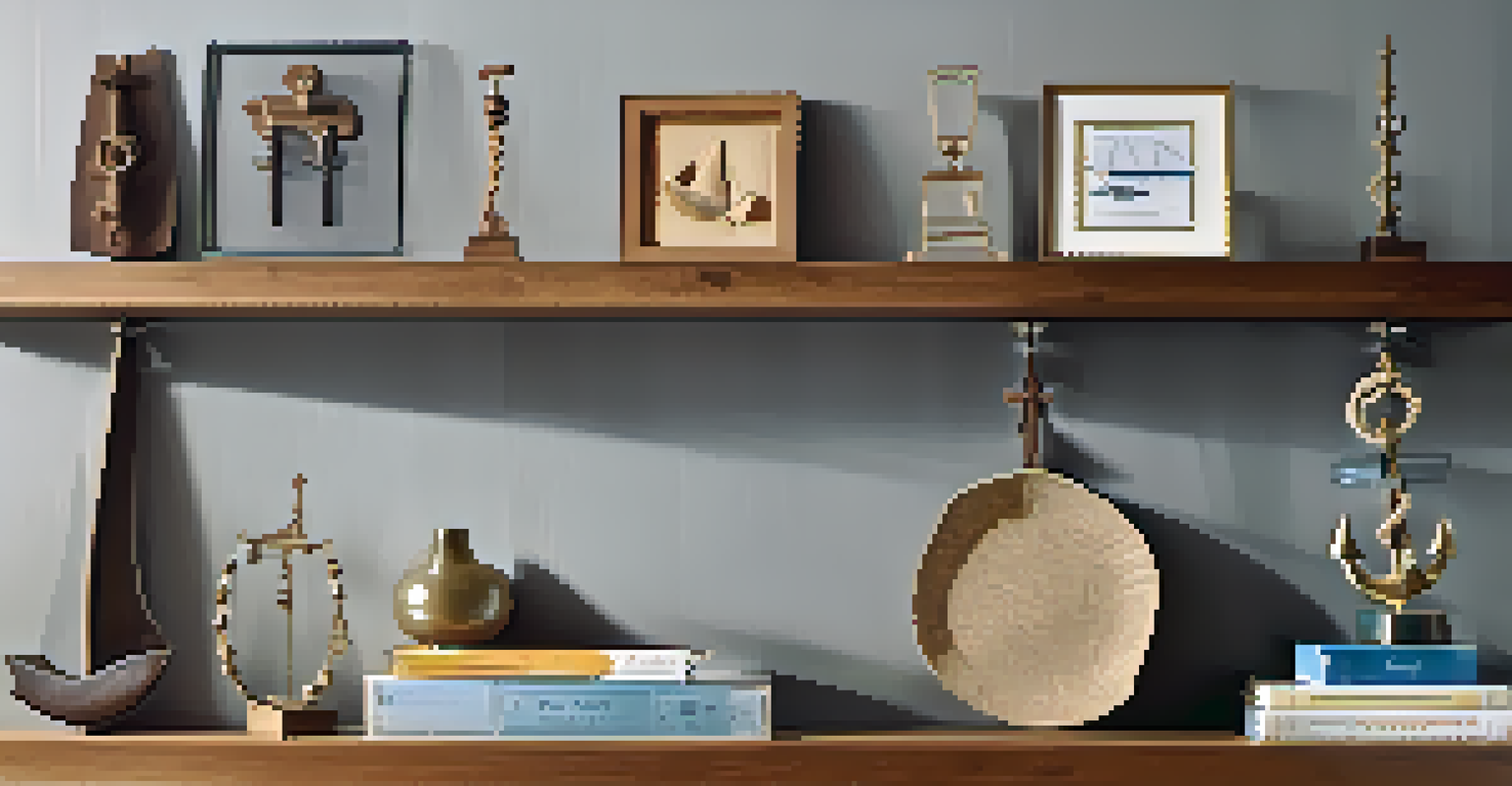 A display of brackets and anchors on a polished wooden shelf in a contemporary room.