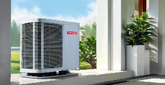 Close-up view of a clean HVAC system in a modern home with an outdoor unit and blue skies.