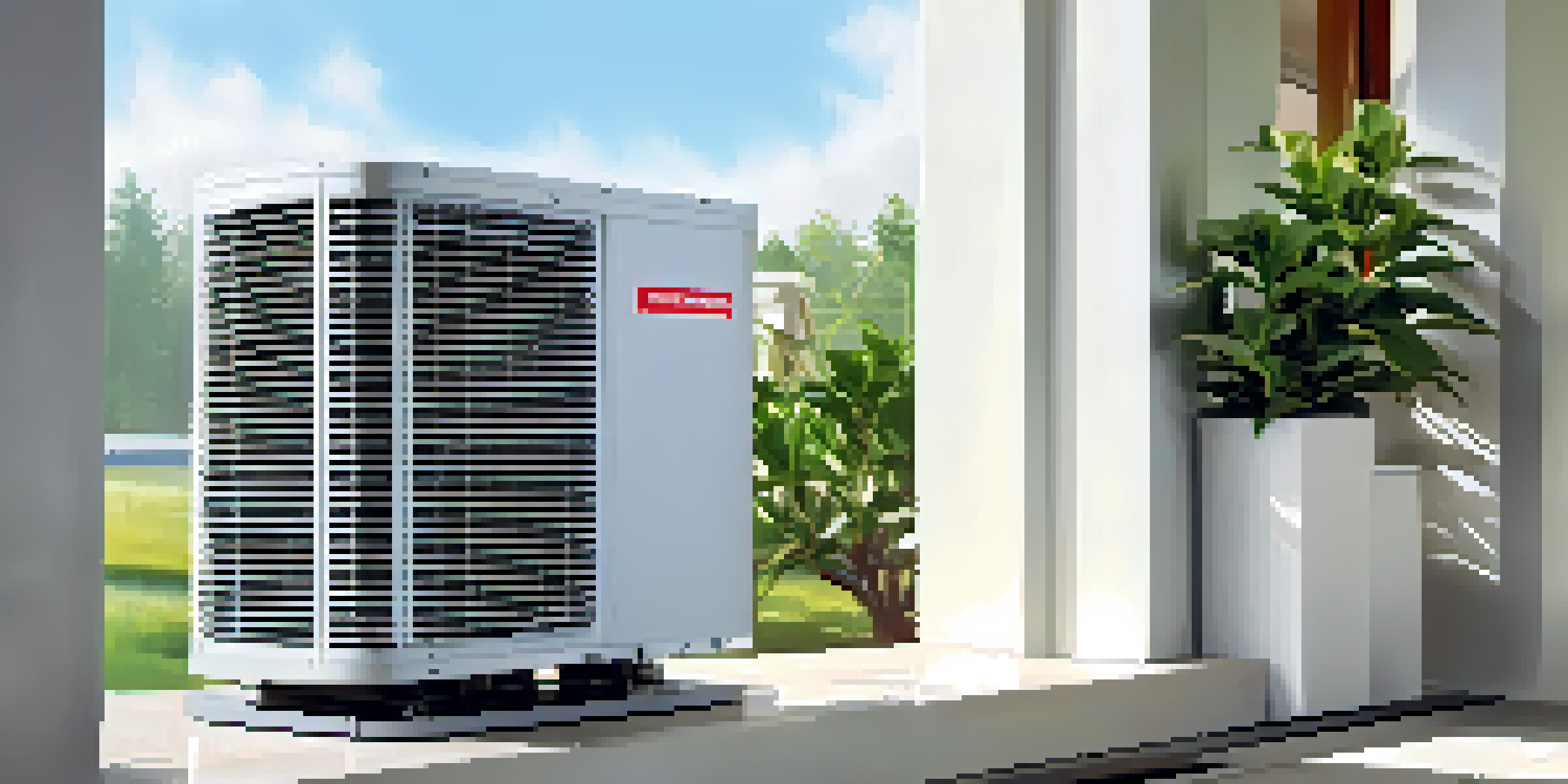 Close-up view of a clean HVAC system in a modern home with an outdoor unit and blue skies.