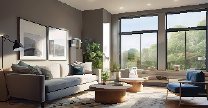 A cozy living room with smart home technology and large windows allowing natural light.