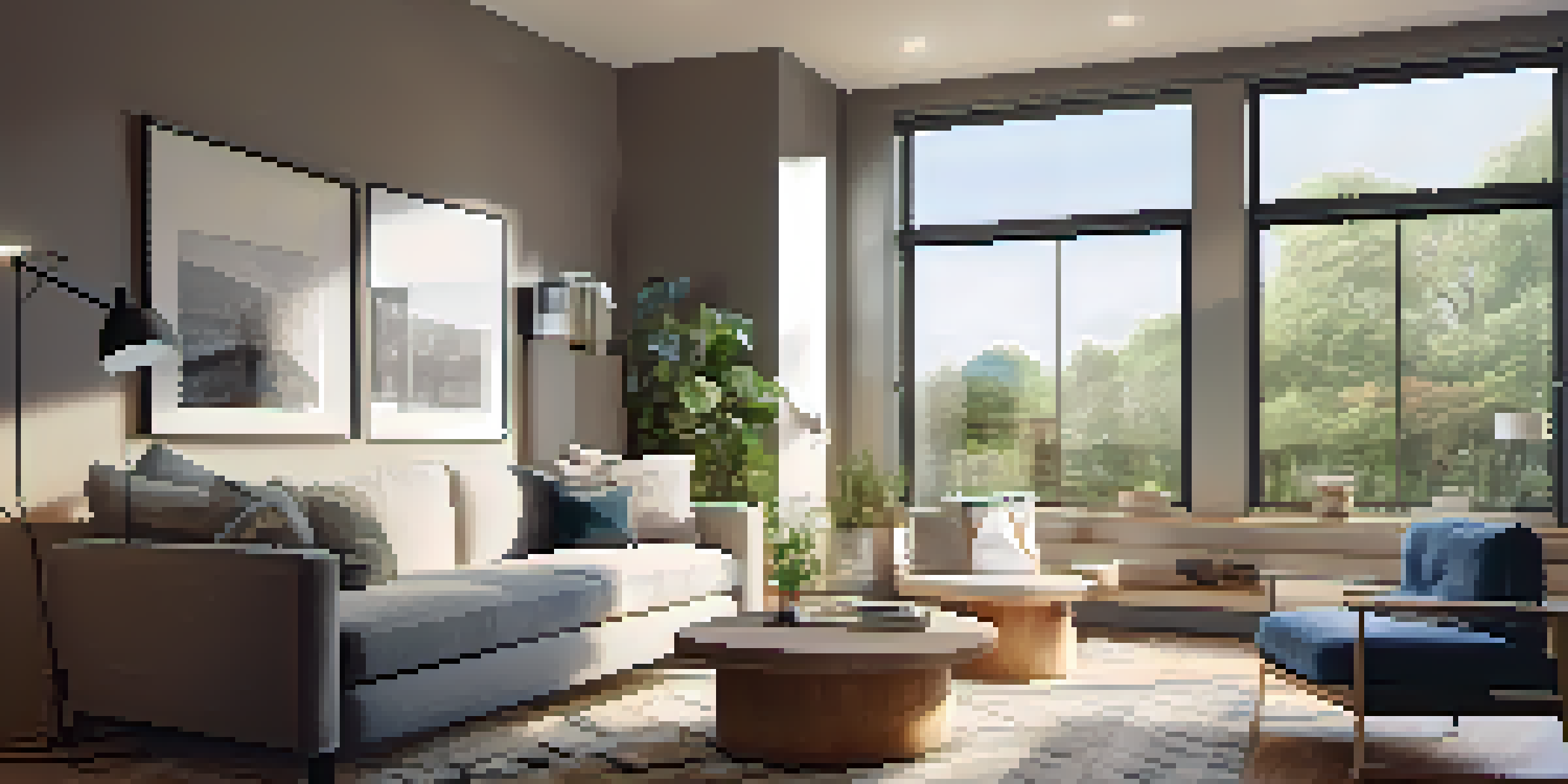 A cozy living room with smart home technology and large windows allowing natural light.