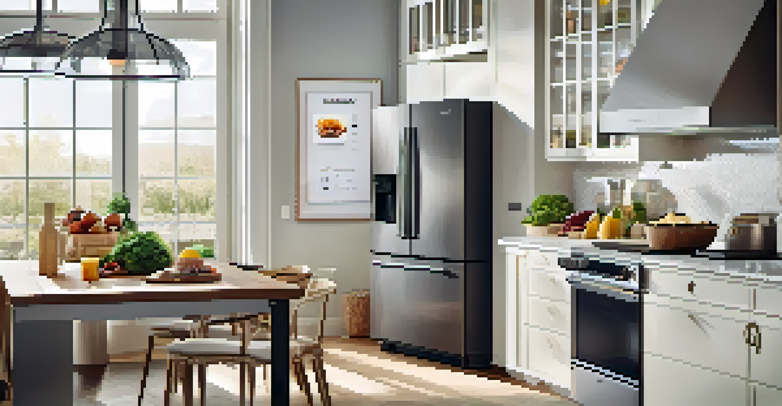 A stylish kitchen featuring a smart refrigerator, smart oven, and various cooking gadgets, illuminated by sunlight.