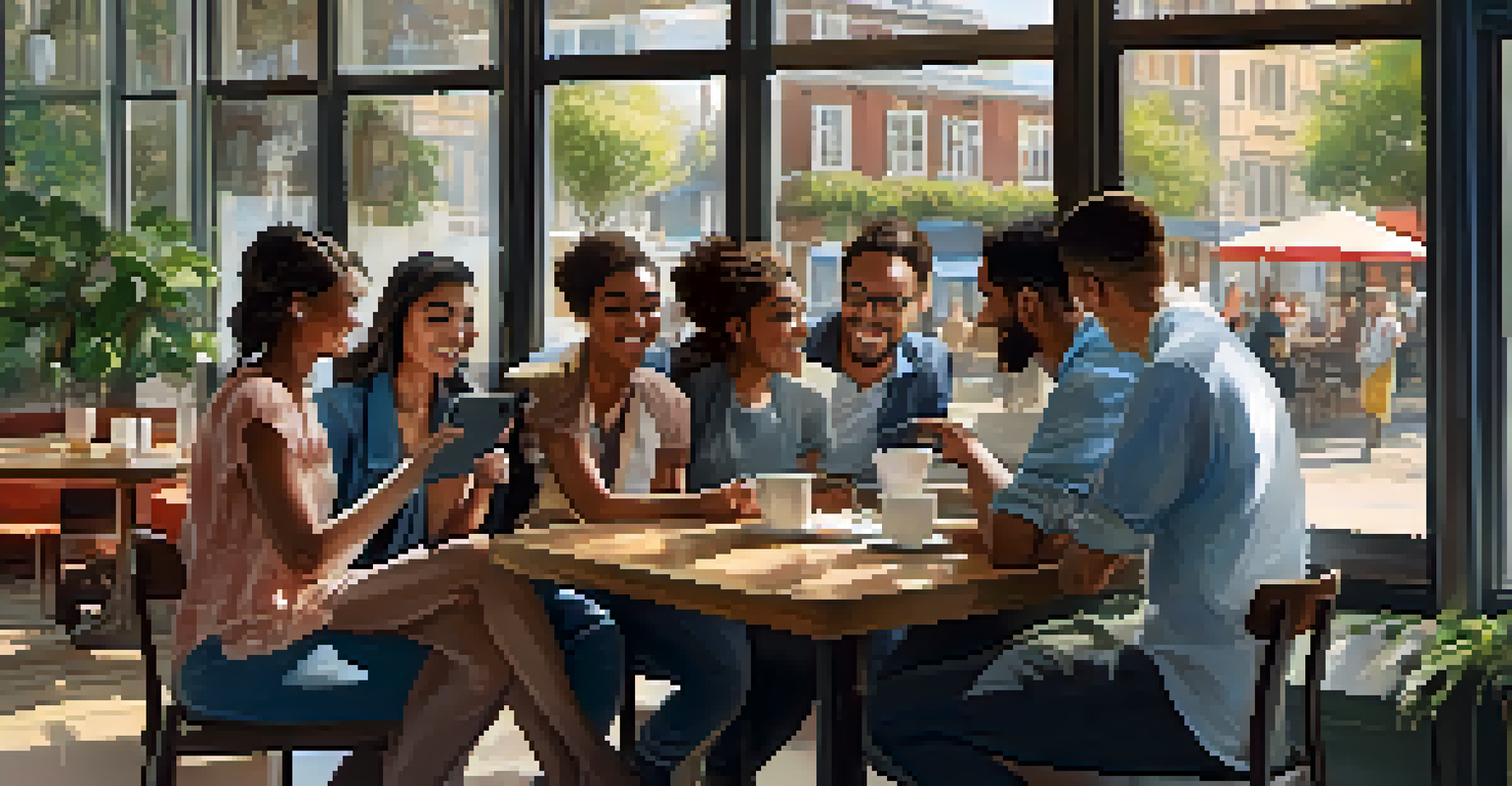 A diverse group discussing a virtual tour while looking at a tablet in a bright café.