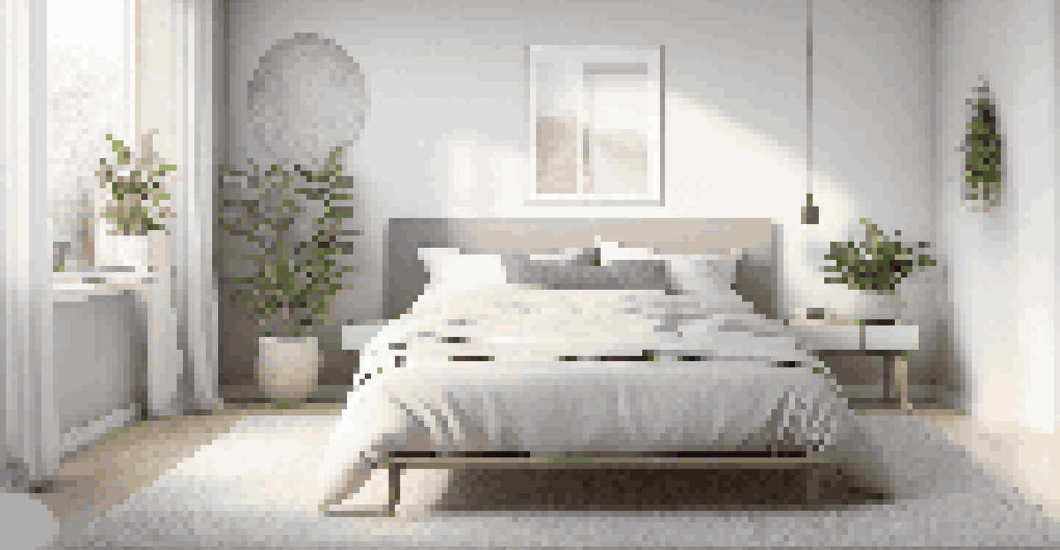 A serene minimalist bedroom with soft colors and simple decor, promoting tranquility and simplicity.