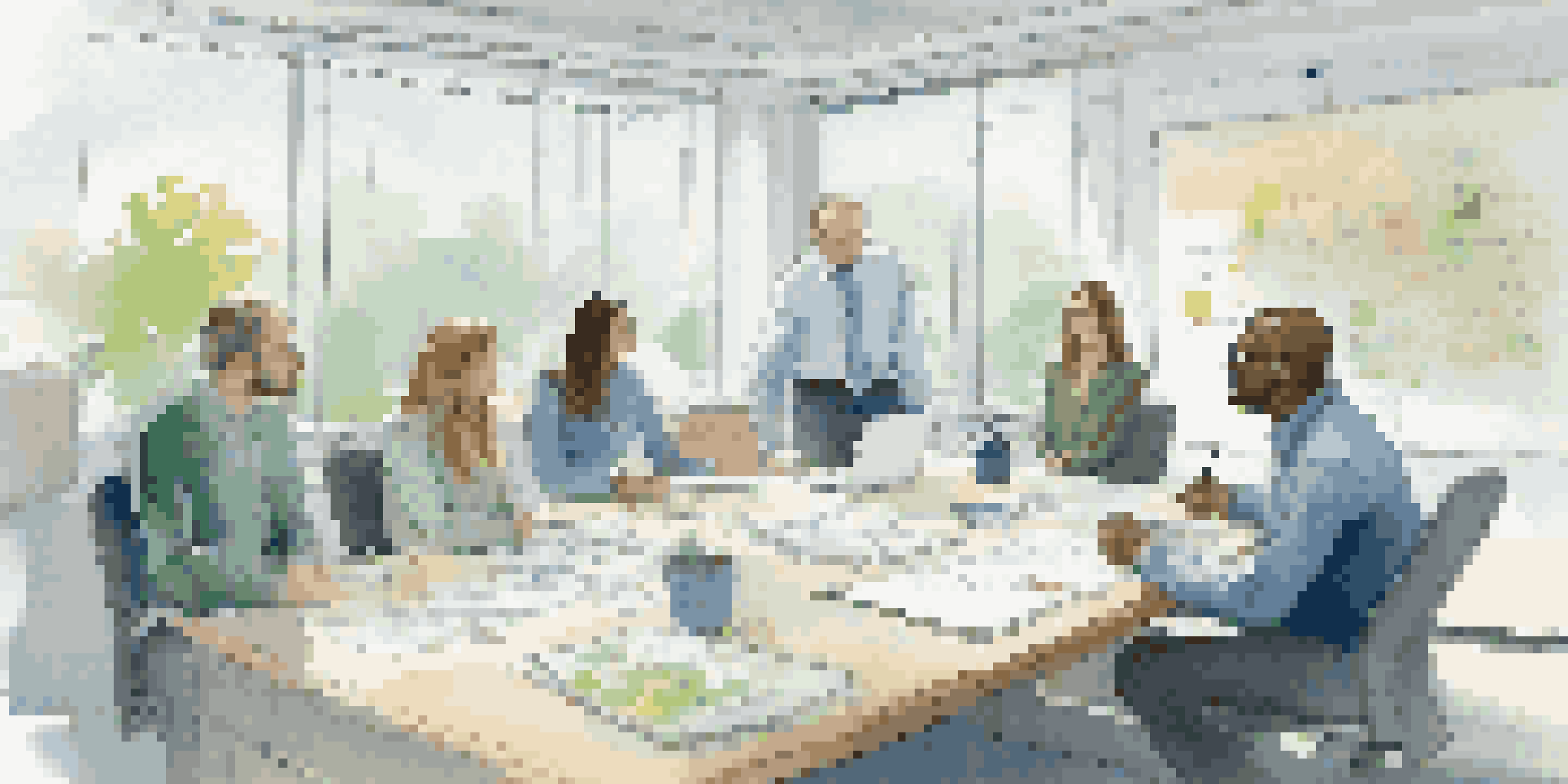 A contractor leading a team meeting in a bright office, discussing conflict resolution strategies with engaged team members and a whiteboard in the background.
