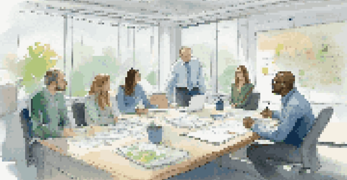 A contractor leading a team meeting in a bright office, discussing conflict resolution strategies with engaged team members and a whiteboard in the background.