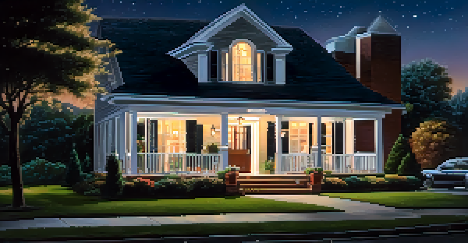 A house at night with automated lights and a surveillance camera, highlighting security features.