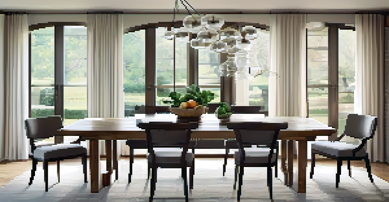 A dining area with a vintage table and modern chairs, featuring a fruit centerpiece and natural light streaming in through a window.