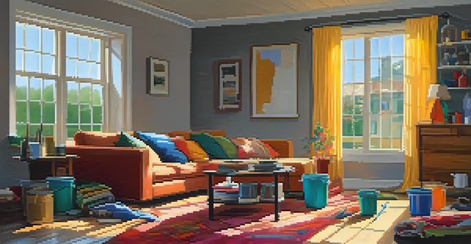 A cozy living room undergoing renovation with paint cans and tools scattered around, illuminated by sunlight.