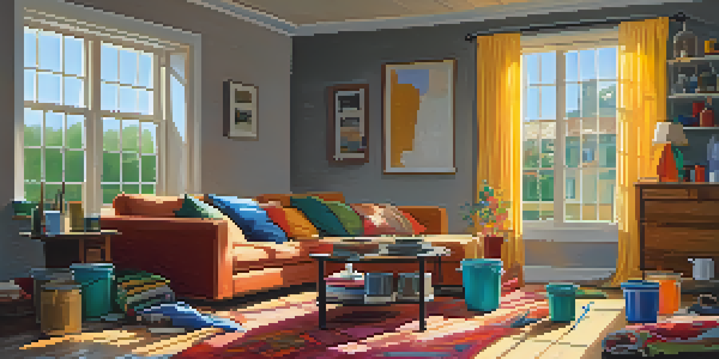 A cozy living room undergoing renovation with paint cans and tools scattered around, illuminated by sunlight.