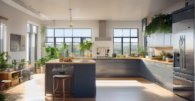 A well-lit kitchen with energy-efficient appliances and natural light coming through a large window, featuring indoor plants and recycled material countertops.