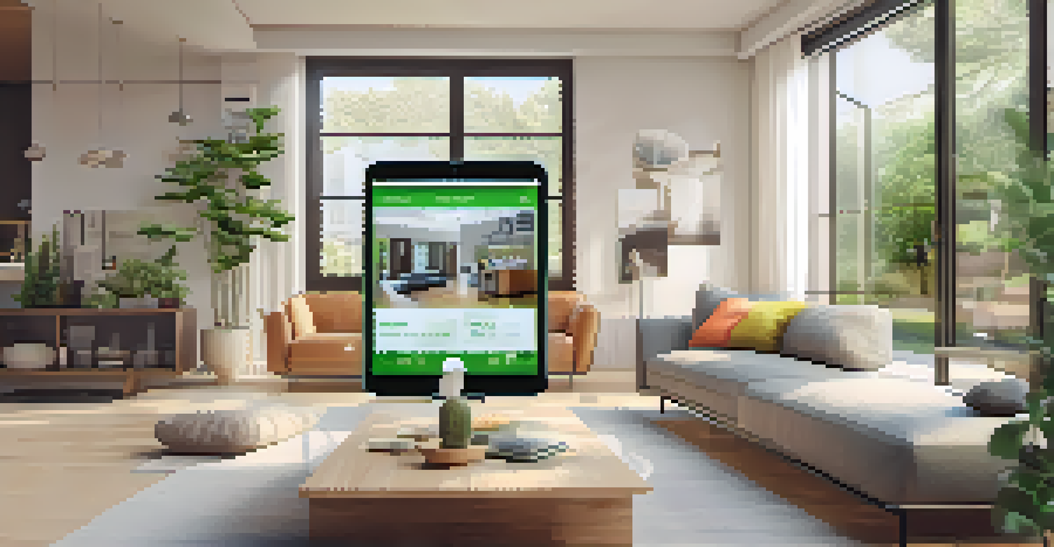 A modern living room with a smartphone showing a home security app and real-time camera feeds.