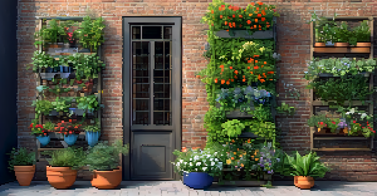 A vertical garden with climbing plants and colorful vines against a brick wall, illuminated by soft morning light.