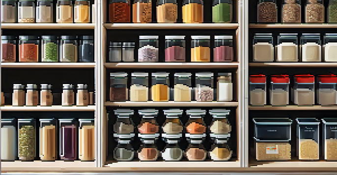 A tidy pantry featuring clear containers of food, labeled bins, and a spice rack, all well-organized and illuminated by natural light.