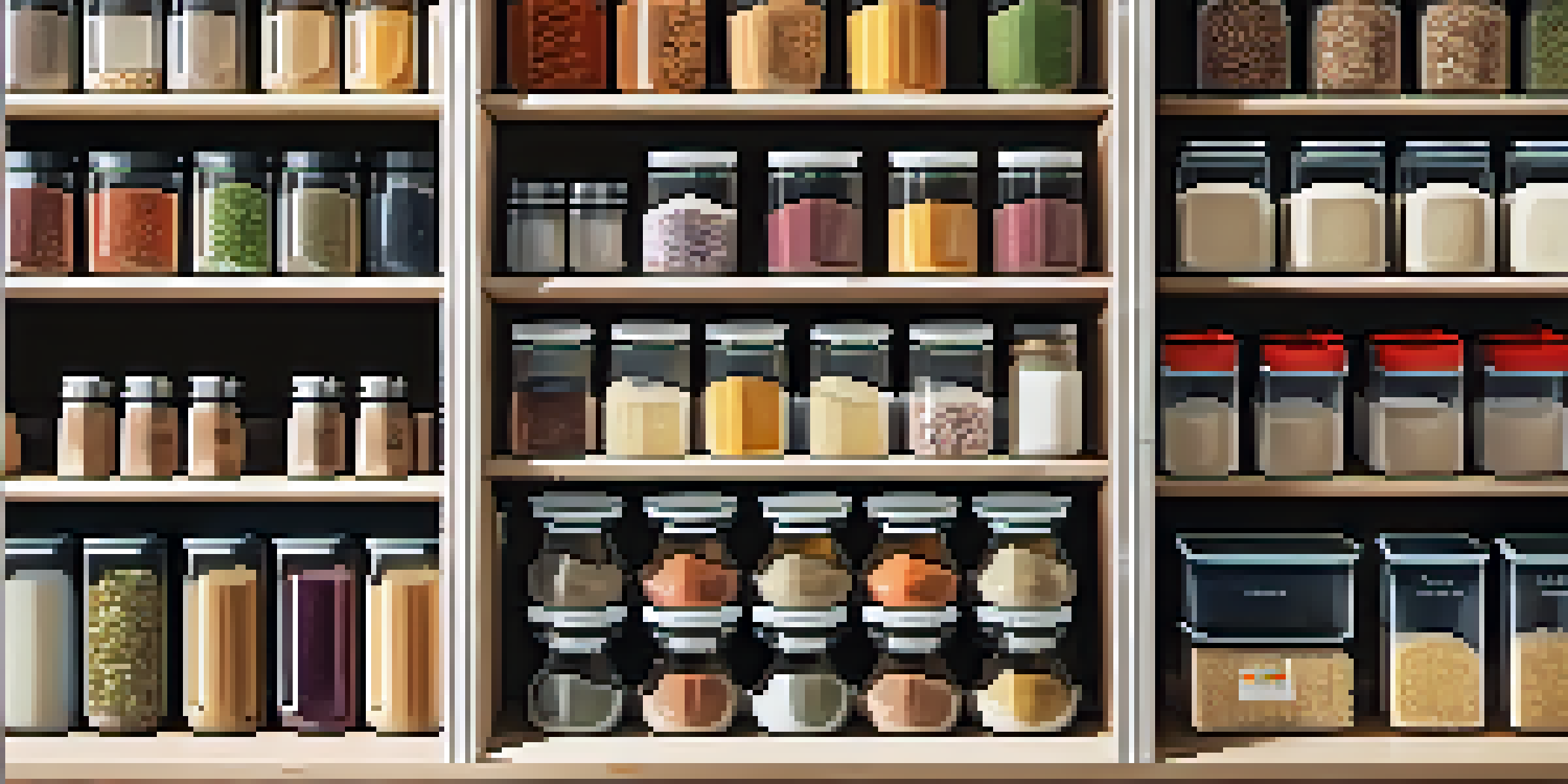A tidy pantry featuring clear containers of food, labeled bins, and a spice rack, all well-organized and illuminated by natural light.