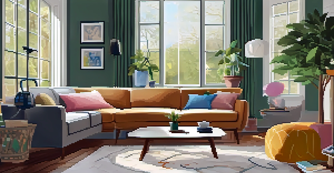 A cozy living room designed for pet safety, featuring pet-proofing elements like secured wires and a non-toxic plant.