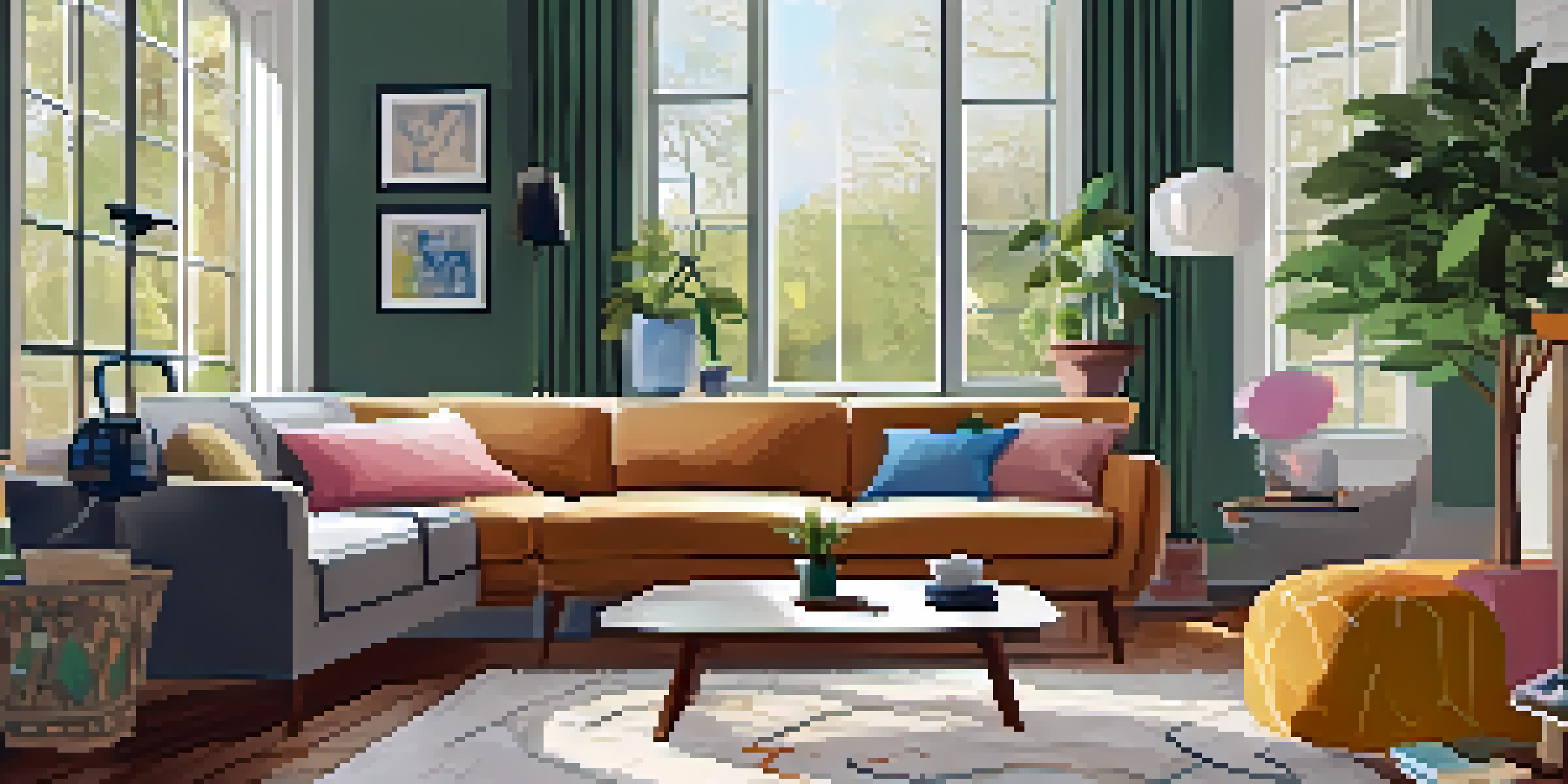 A cozy living room designed for pet safety, featuring pet-proofing elements like secured wires and a non-toxic plant.