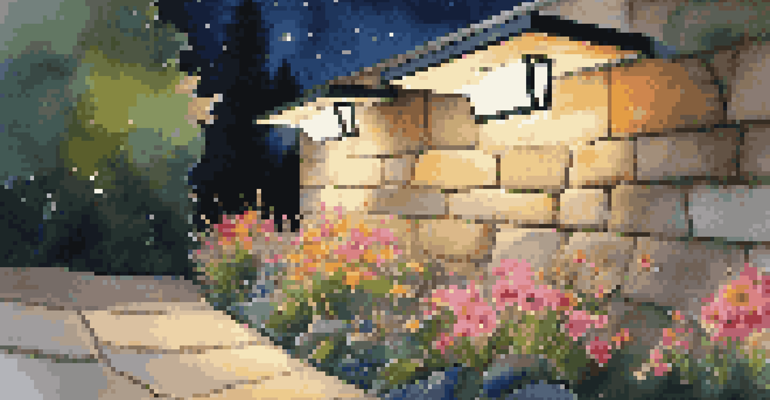 A modern outdoor lighting design with sleek fixtures on a stone wall illuminating a colorful garden under a clear night sky.