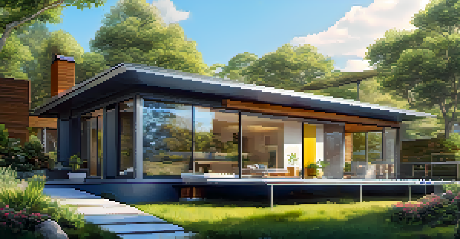 A modern home with solar panels on the roof, surrounded by greenery and bright sunlight.