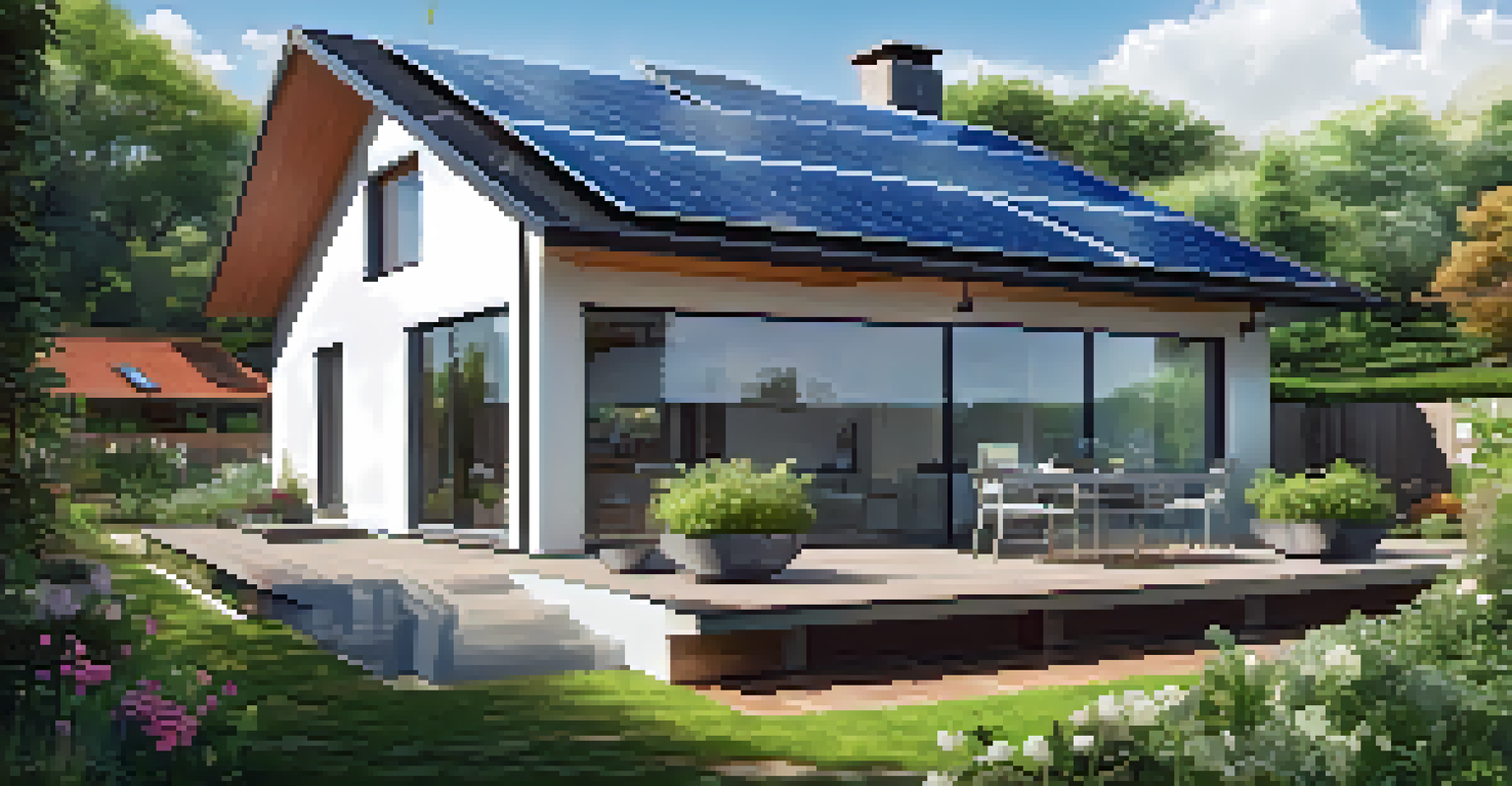 A modern home with solar panels surrounded by greenery and a vegetable garden.