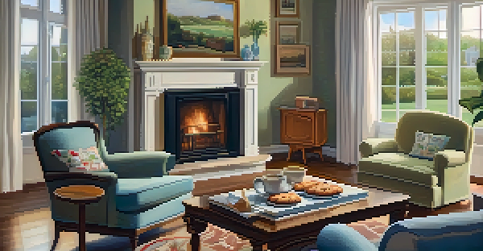 A cozy living room with a fireplace, comfortable furniture, and a view of a garden through large windows, illuminated by soft natural light.