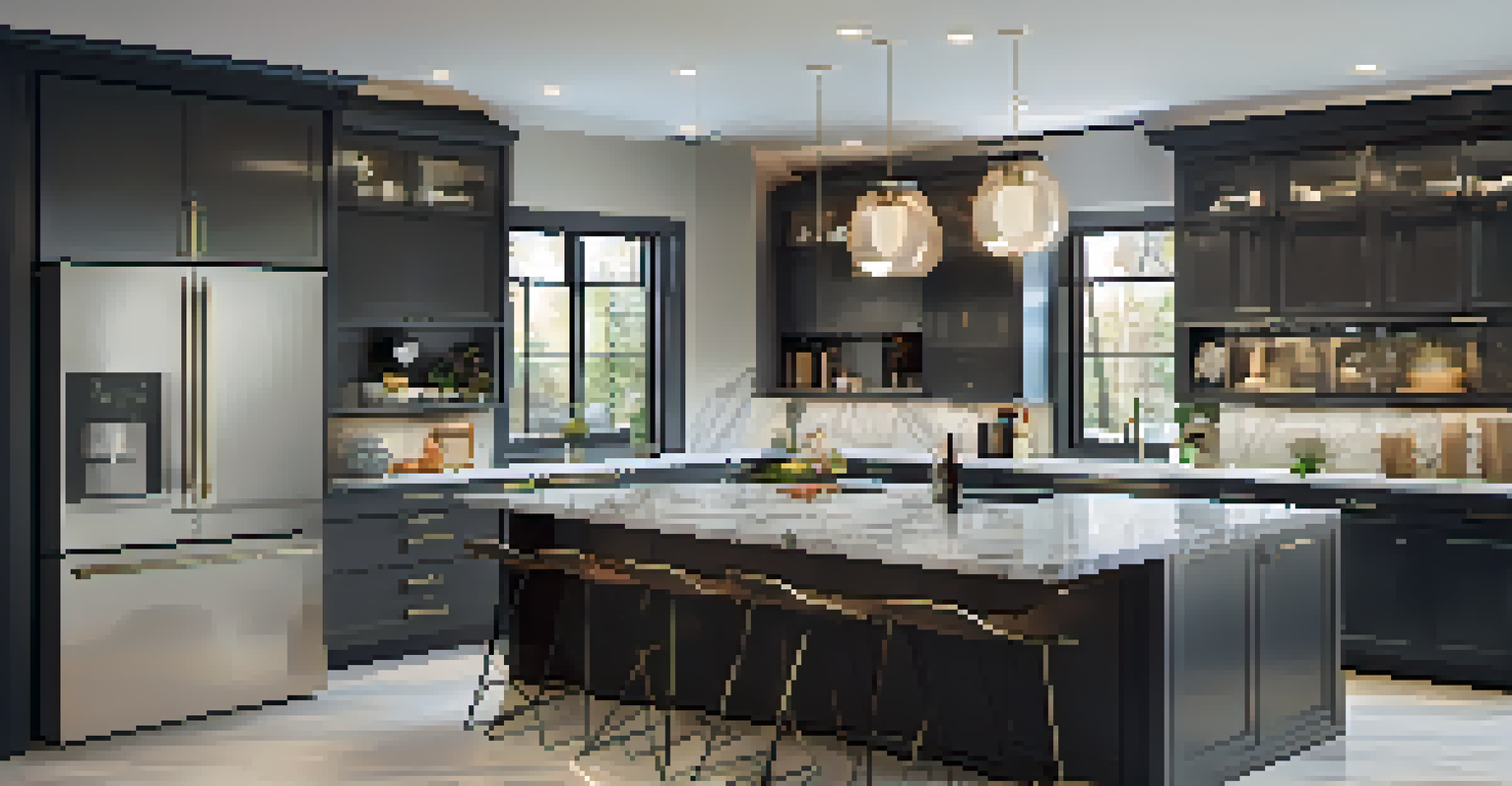 A modern kitchen featuring marble countertops and high-end appliances, with a virtual tour overlay showcasing its spacious design.